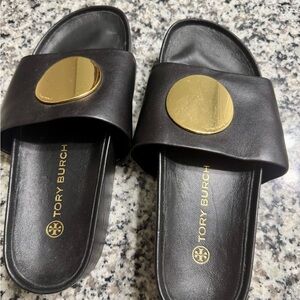 Tory Burch Black Slides with Gold Disc